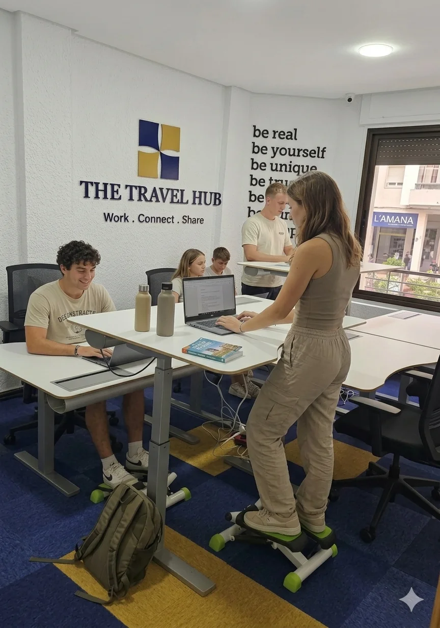 Supplied lifestyle visual showing seated and standing work at The Travel Hub